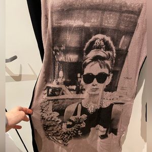 Audrey Hepburn print sweater dress, black and tan, size small, bead accents.